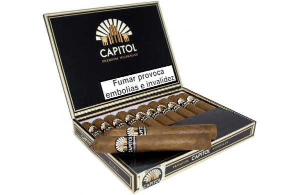 Zigarrenkiste Capitol Jack offen schwarz mit Aufschrift und Logo und Zigarren